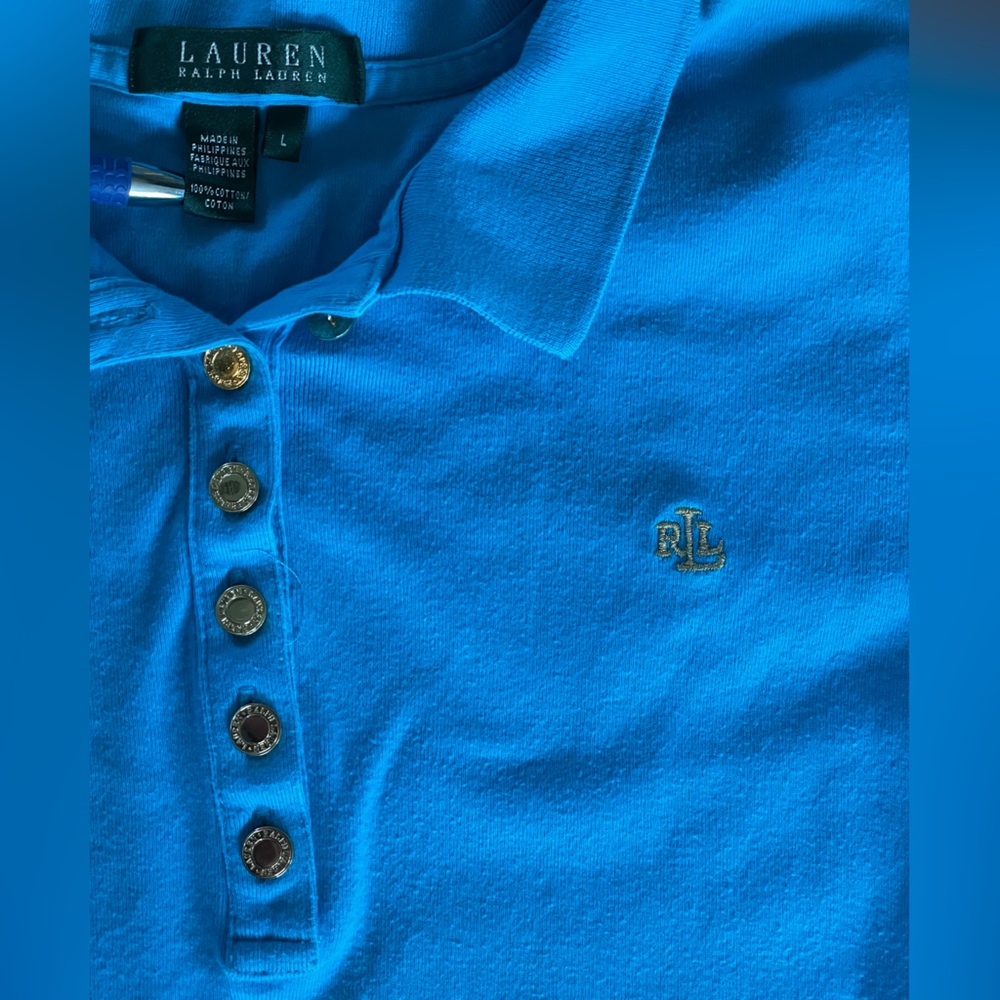 Lauren Ralph Lauren Blue Polo Shirt Women’s L Gold Crest Logo Button Placket - Picture 3 of 4